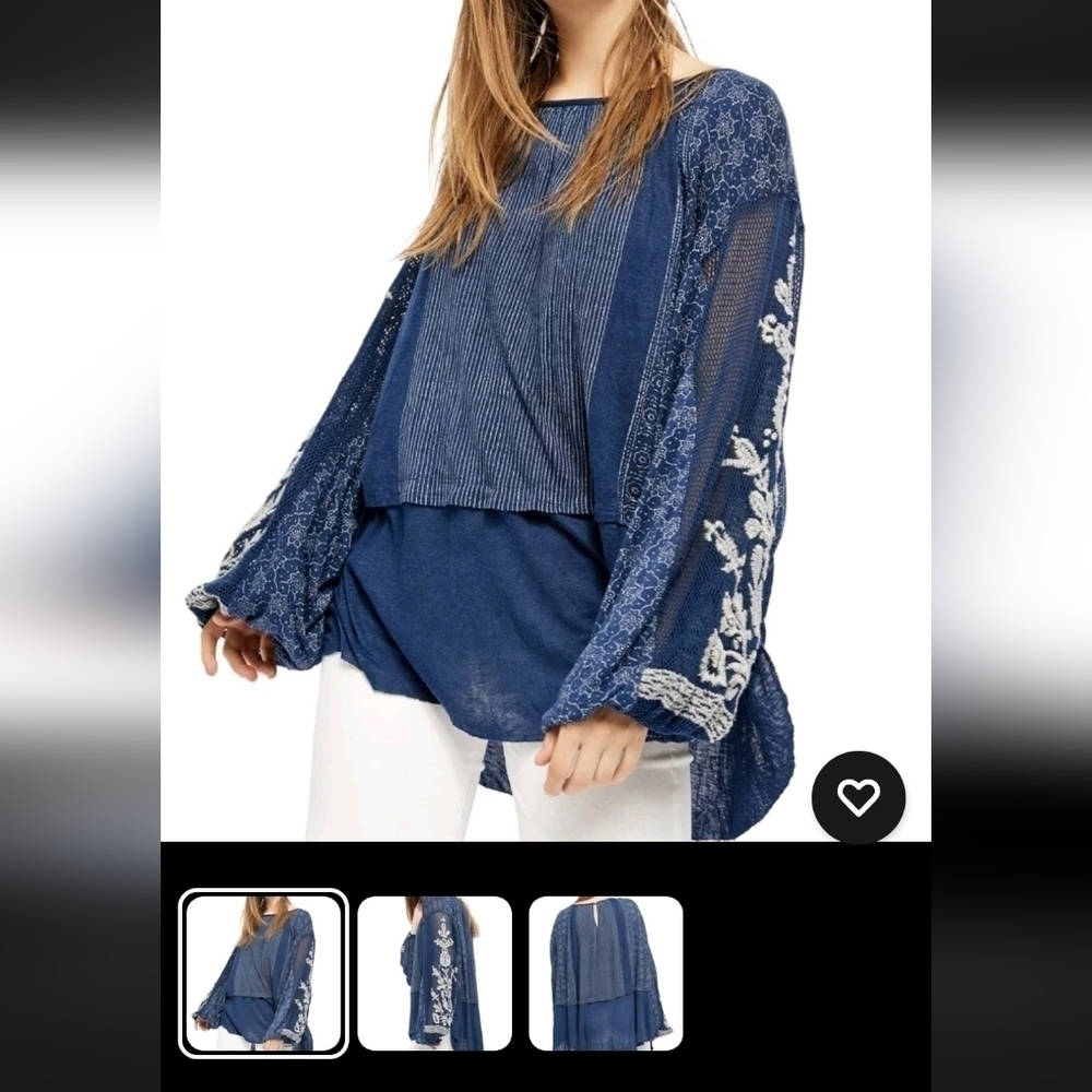 Free People Navy Blue Embroidered Gauze Tunic